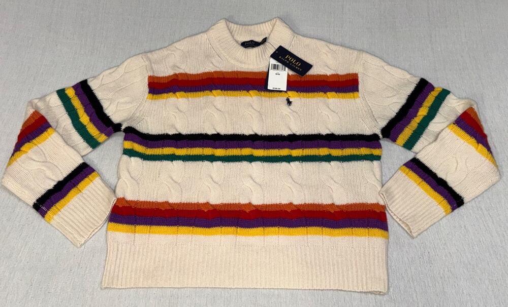 Polo Ralph Lauren | Rainbow Striped Cable-Knit Wool-Cashmere Jumper in Cream M